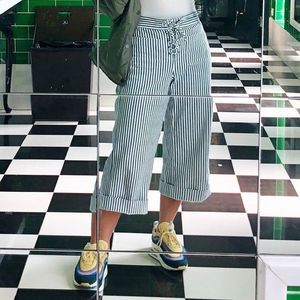 Madewell Cropped Wide Leg striped lace up pants trousers XS 2 S Stretch Denim